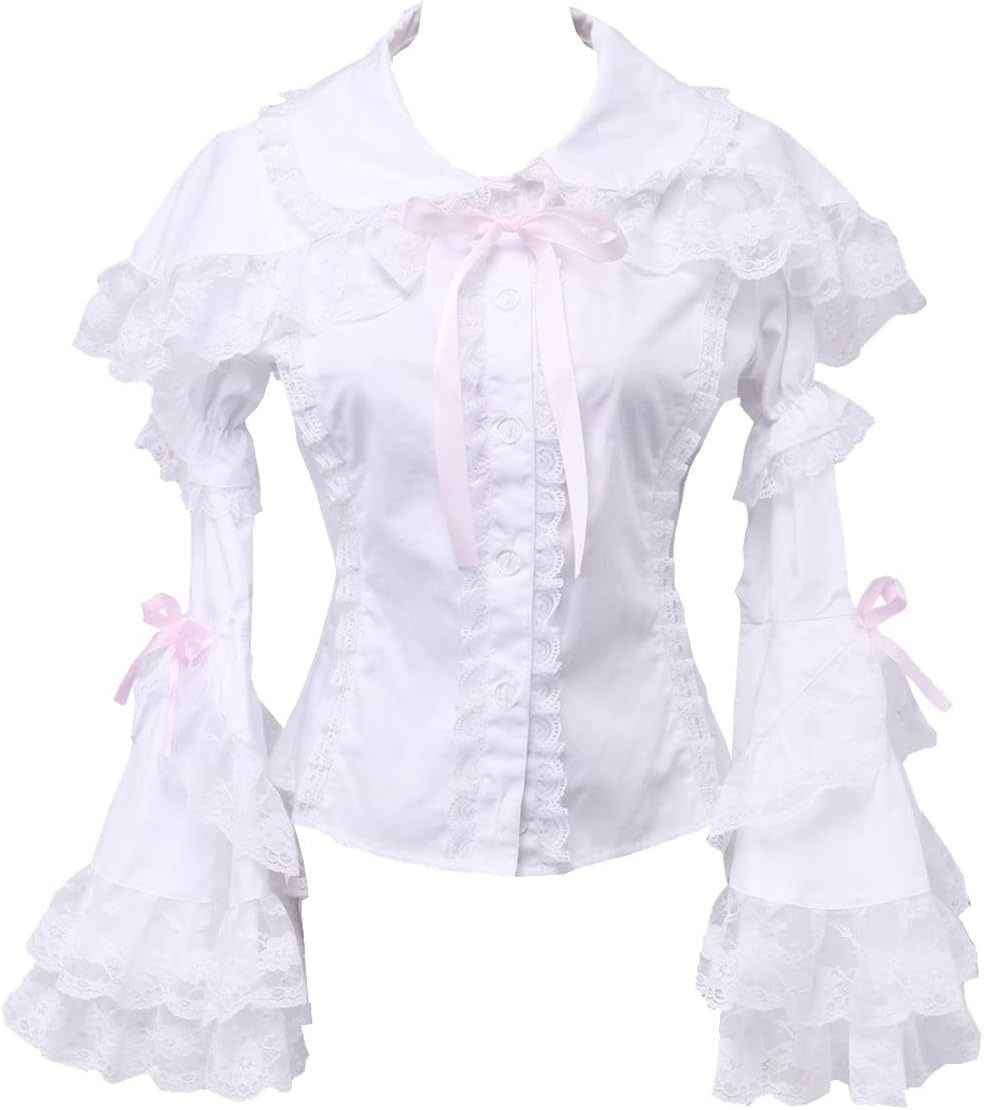 Antaina White Cotton Pink Lace Ruffle Sailor Collar
